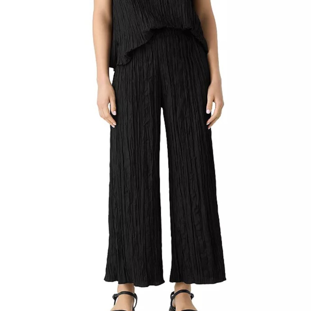 NWT EILEEN FISHER crushed crinkle black silk wide leg pants XL